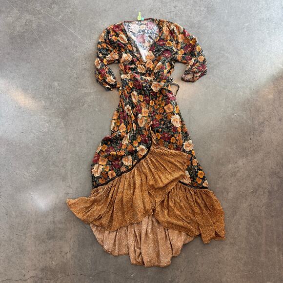 farm rio madrid wrap maxi dress Vintage Y2K Farm Rio Madrid Floral Brown Wrap Maxi Dress Women's Petite  Size S